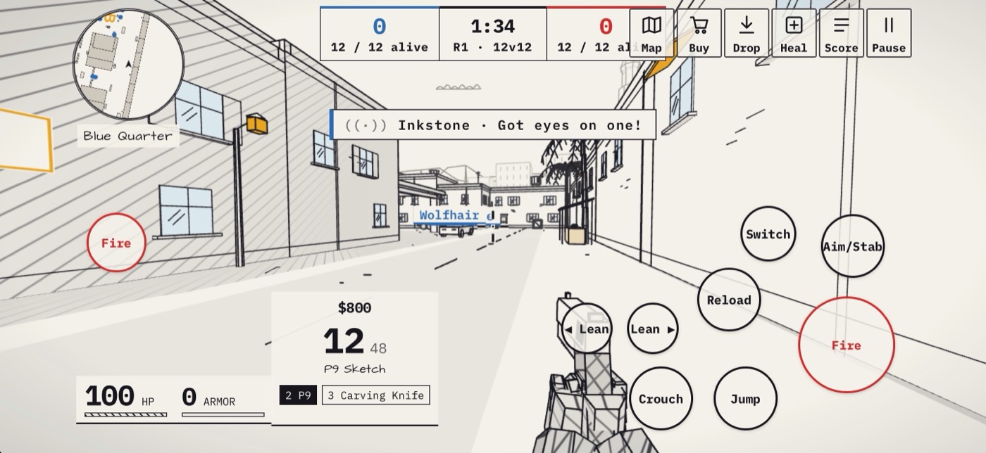 INK STRIKE gameplay: a hand-drawn town street at round start